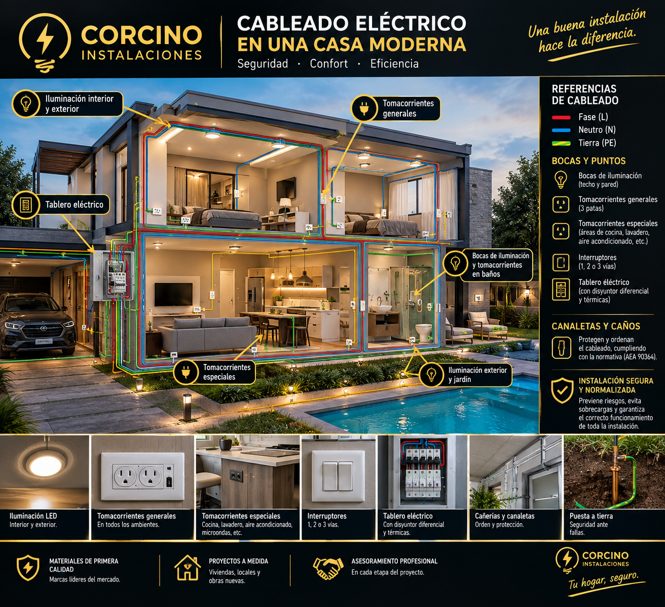 Esquema de cableado eléctrico completo en una casa moderna, con referencias de fase, neutro y tierra