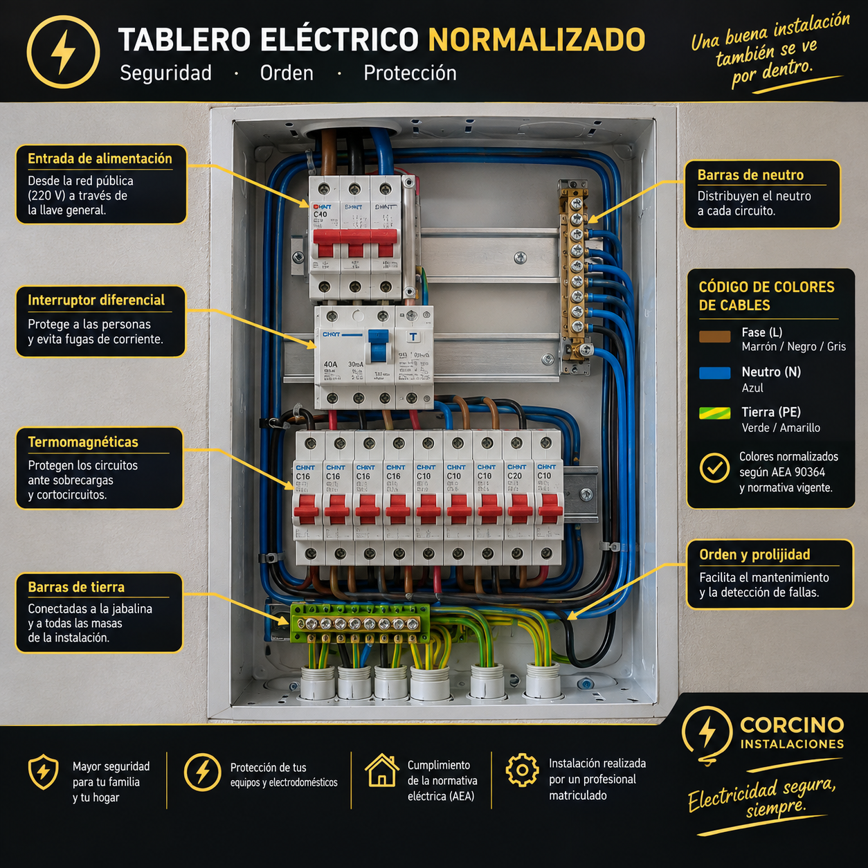 Tablero eléctrico normalizado con térmicas, disyuntor diferencial y barras de tierra